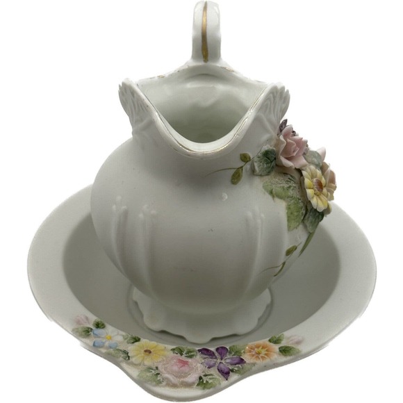 Vintage Lefton China 4.5" Handpainted Creamer/Basin & Decorative Pitcher KW3221 - Picture 2 of 10